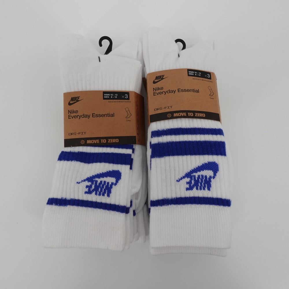 Nike Everyday Essential Dri-FIT Crew Socks Mens L White Blue 2 Packs 6 Pairs NEW
